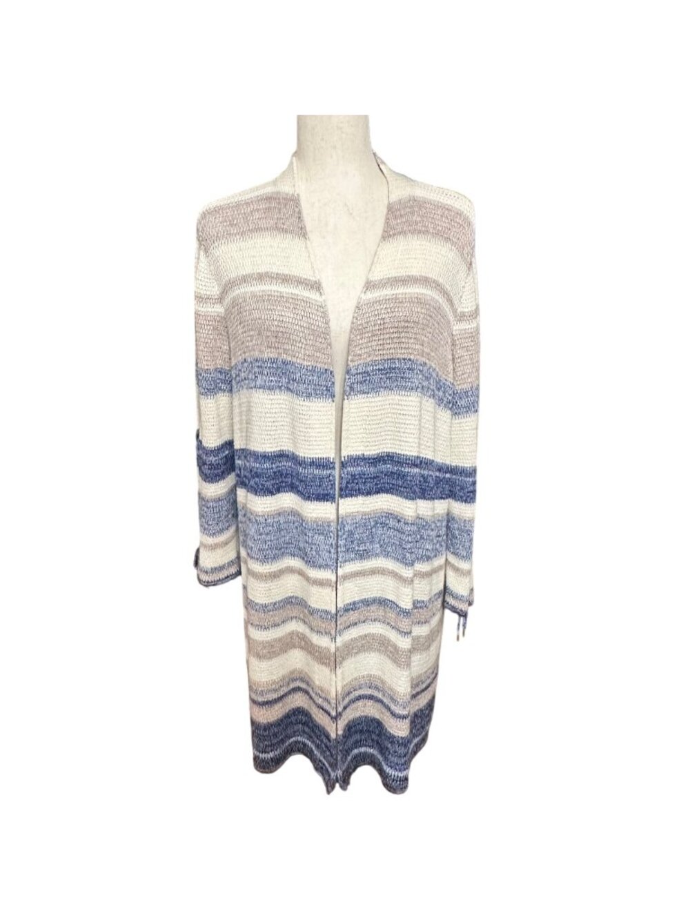 Chico's Cardigan Duster Size 1 M Blue Cream Striped Lace-Up Sleeve Detail Women